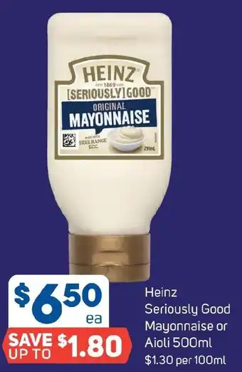 Foodland Heinz Seriously Good Mayonnaise or Aioli 500ml offer