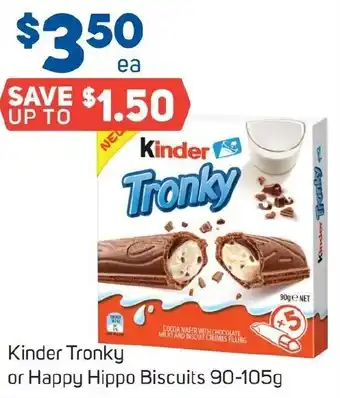 Foodland Kinder Tronky or Happy Hippo Biscuits 90-105g offer