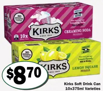Friendly Grocer Kirks Soft Drink Can 10x375ml Varieties offer