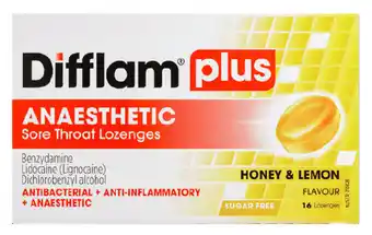 Star Discount Chemist Difflam plus anaesthetic sore throat honey & lemon 16 lozenges offer
