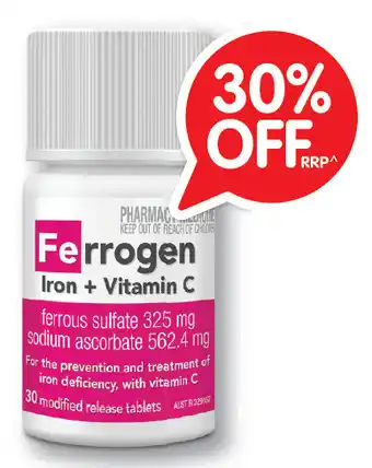 Alliance Pharmacy Ferrogen iron + vitamin c mr 30 tablets offer
