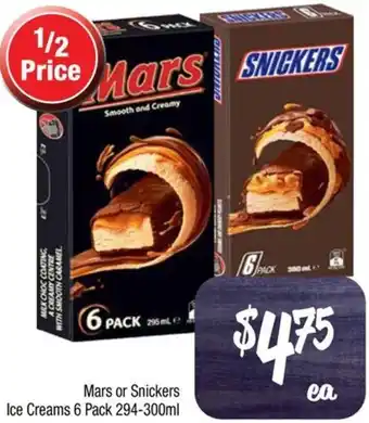 Farmer Jack's Mars or Snickers Ice Creams 6 Pack 294-300ml offer