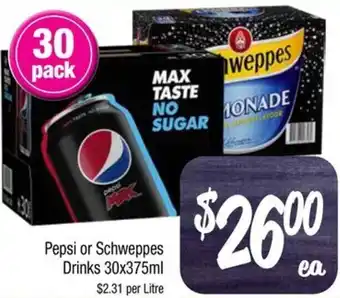 Farmer Jack's Pepsi or Schweppes Drinks 30x375ml offer