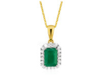 Grahams Jewellers 9ct Yellow Gold Natural Emerald 7x5mm and Diamond Pendant with 45cm Chain offer