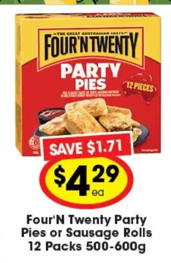 Ritchies Four'N Twenty Party Pies or Sausage Rolls 12 Packs 500-600g offer
