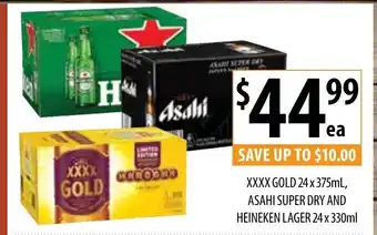 Supabarn XXXX Gold Block 24x375ml, Ahasi Super Dry and Heineken Lager 24x330ml offer