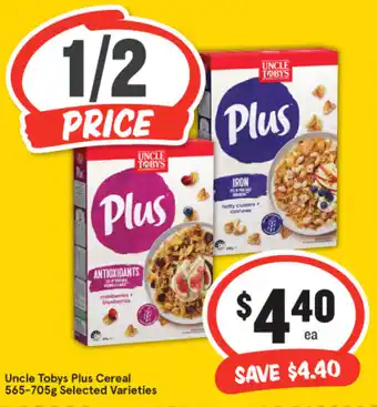 IGA Uncle Tobys Plus Cereal 565-705g Selected Varieties offer