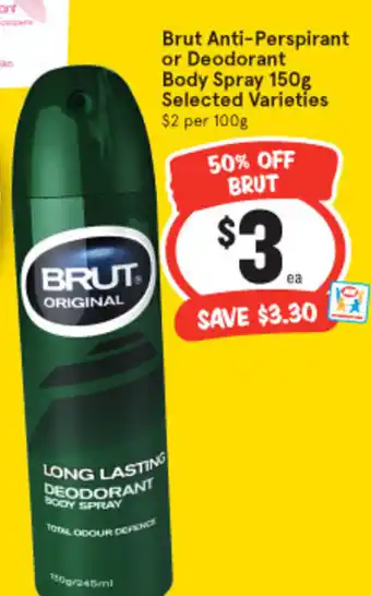 IGA Brut Anti-Perspirant or Deodorant Body Spray 150g offer