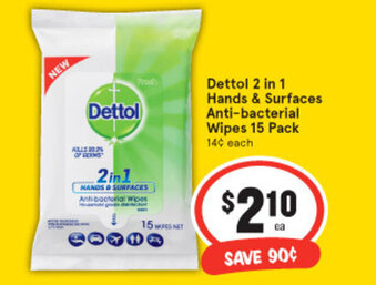 Dettol 2 In 1 Hands & Surfaces Anti-bacterial Wipes 15 Pack