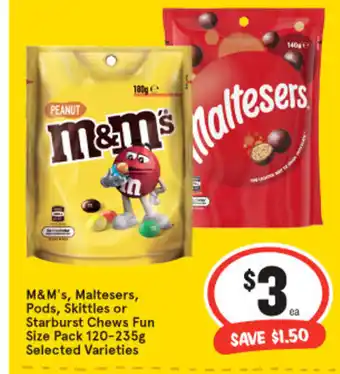IGA M&M's Maltesers, Pods, Skittles or Starburst Chews Fun Size Pack 120-235g offer