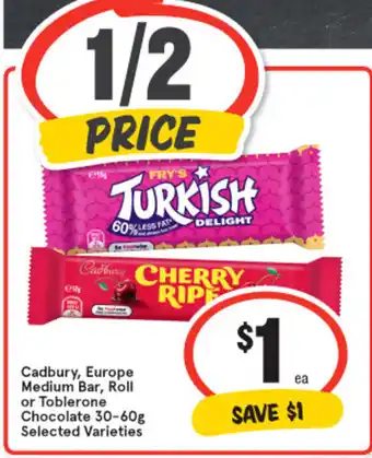 IGA Cahbury, Europe Medium Bar, Roll or Toblerone Chocolate 30-60g offer