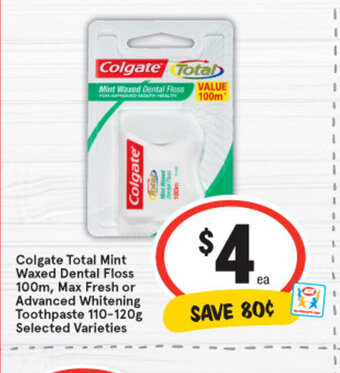 IGA Colgate Total Mint Waxed Dental Floss 100m offer