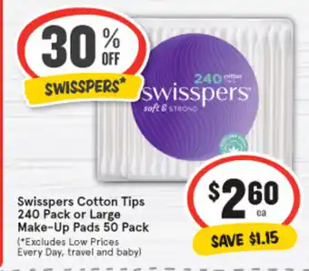 IGA Swisspers Cotton Tips 240 Pack or Large Make-Up Pads 50 Pack offer