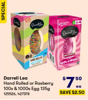 BIG W Darrell Lea Hand Rolled or Rasberry 100s & 1000s Egg 135g offer