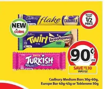 Coles Cadbury Medium Bars 30g - 60g, Europe Bar 40g-45g or Toblerone 50g offer