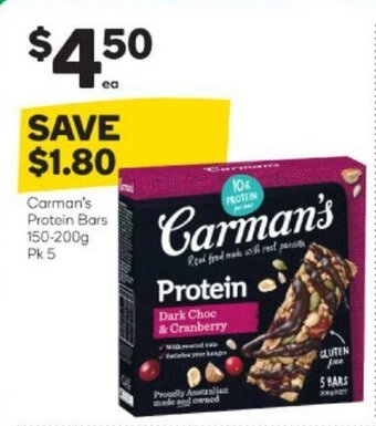 Woolworths Carman's Protein Bars 150-200g offer