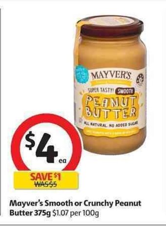 Coles Mayver's Smooth or Crunchy Peanut Butter 375g offer