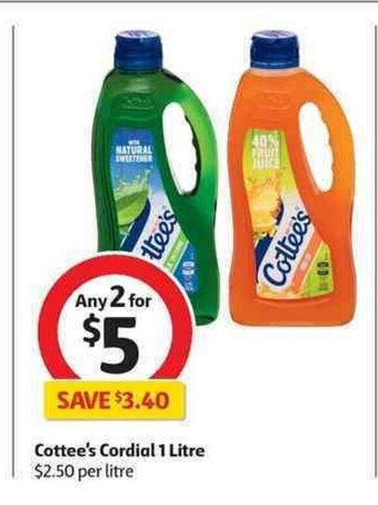 Coles Cottee's Cordial 1 Litre offer