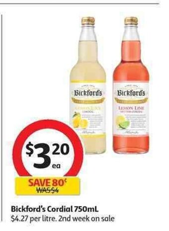 Coles Bickford's Cordial 750mL offer