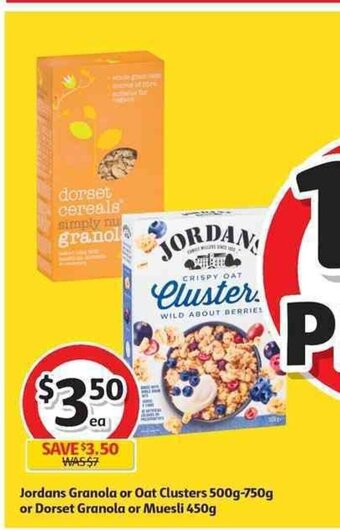 Coles Jordans Granola or Oat Clusters 500g-750g or Dorset Granola or Muesli 450g offer