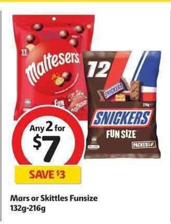 Coles Mars or Skittles Funsize 132g-216g offer