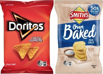 IGA Doritos, Smith’s Oven Baked Chips, Nuts 130-225g or Assorted Multipack 5-6 Pack Selected Varieties offer
