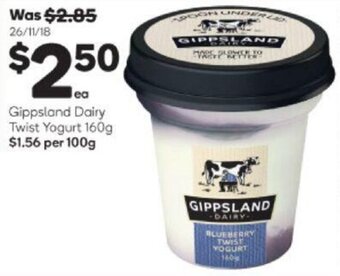 Woolworths Gippsland Dairy Twist Yogurt 160g offer