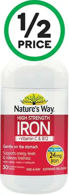 Woolworths Nature’s Way High Strength Iron + Vitamin C & B12 Tablets Pk 30¥ offer