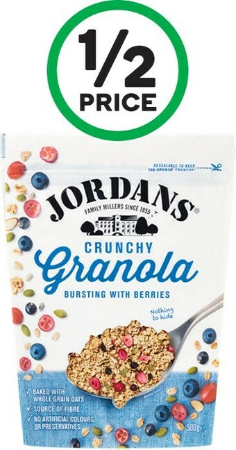 Woolworths Jordans Clusters or Crunchy Granola 500-750g or Dorset Granola 450g offer