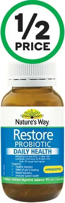 Woolworths Nature’s Way Restore Probiotic Daily Health & Prebiotic Pk 90¥ offer