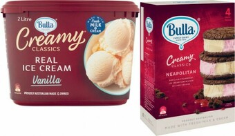Coles Bulla Creamy Classics 2 Litre or Cookie Sandwich 4 Pack offer