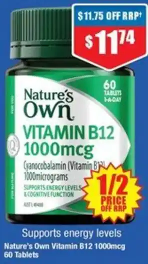 Chemist Warehouse Nature's Own Vitamin B12 1000mcg 60 Tablets offer
