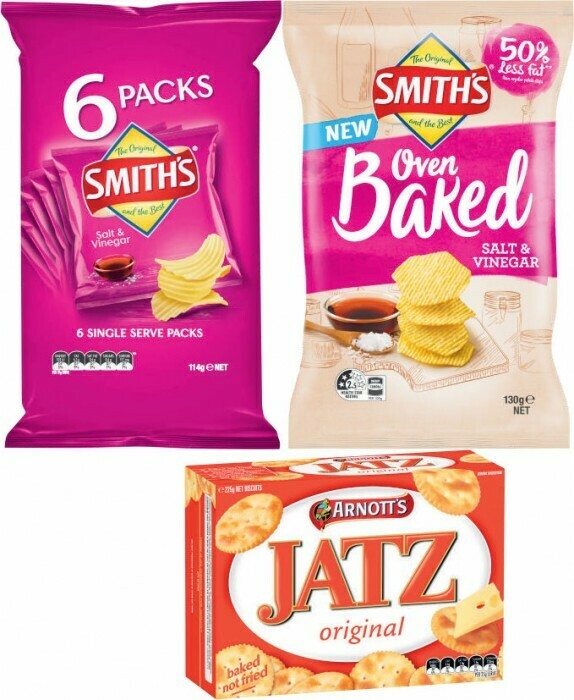 Arnott’s Jatz Crackers 225g, Smith’s Chips 6 Pack 114g or Smith’s Baked