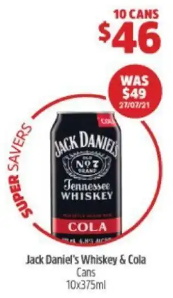 Woolworths Jack Daniel's Whisky & Cola 10x375ml offer