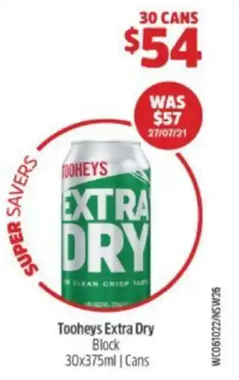 Woolworths Tooheys Extra Dry Block 30x375ml offer