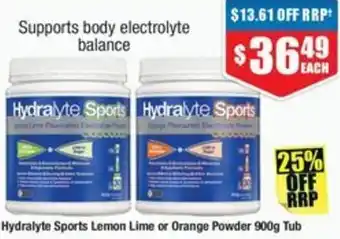 Chemist Warehouse Hydralyte Sports Lemon Lime or Orange Powder 900g Tub offer