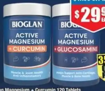 Chemist Warehouse Bioglan Magnesium + Curcumin 120 Tablets or + Glucosamine 180 Tablets offer