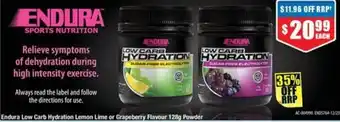 Chemist Warehouse Endura Low Carb Hydration Lemon Lime or Grapeberry Flavour 128g Powder offer