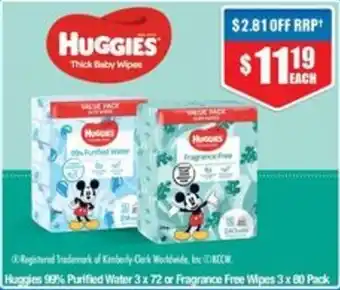Huggies 99% Purified Water 3 x 72 or Fragrance Free Wipes 3 x 80 Pack