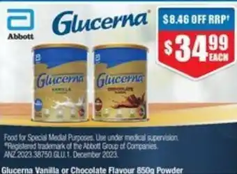 Chemist Warehouse Glucerna Vanilla or Chocolate Flavour 850g Powder offer