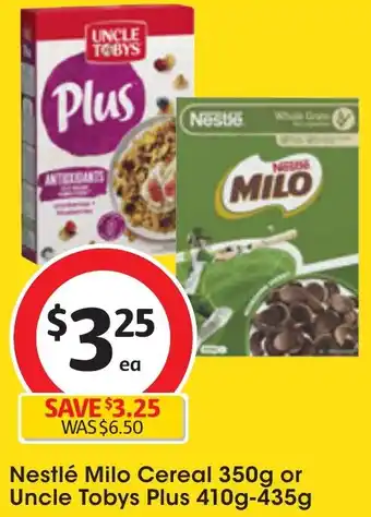 Coles Nestlé Milo Cereal 350g or Uncle Tobys Plus 410g-435g offer