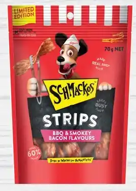 IGA Schmackos BBQ Flavoured Dog Treats Strips or Kebabs 70-90g offer
