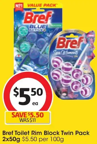 Coles Bref Toilet Rim Block Twin Pack 2x50g offer
