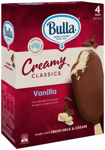 Bulla Creamy Classics Ice Cream 2 Litre or 4 Pack Selected Varieties