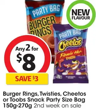 Coles Burger Rings, Twisties, Cheetos or Toobs Snack Party Size Bag 150g-270g offer