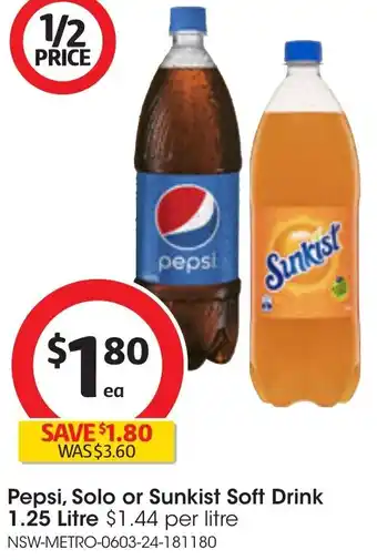 Coles Pepsi, Solo or Sunkist Soft Drink 1.25 Litre offer