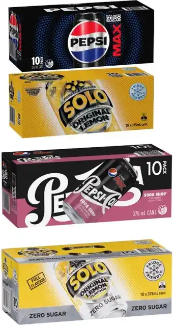 Coles Pepsi, Solo or Schweppes Soft Drink 10x375mL offer
