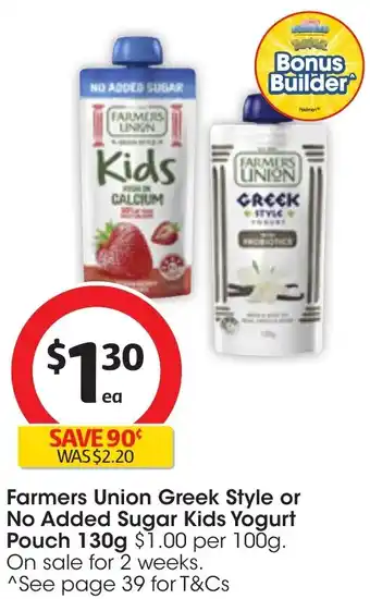Coles Farmers Union Greek Style or No Added Sugar Kids Yogurt Pouch 130g offer