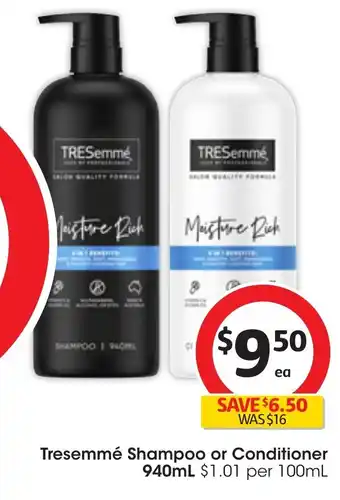 Coles Tresemmé Shampoo or Conditioner 940mL offer