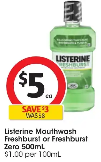Coles Listerine Mouthwash Freshburst or Freshburst Zero 500mL offer